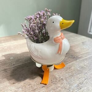 Vtg. 80s Duck Ceramic Potpourri Warmer Metal Stand Pink Bow Vase Trinket Holder